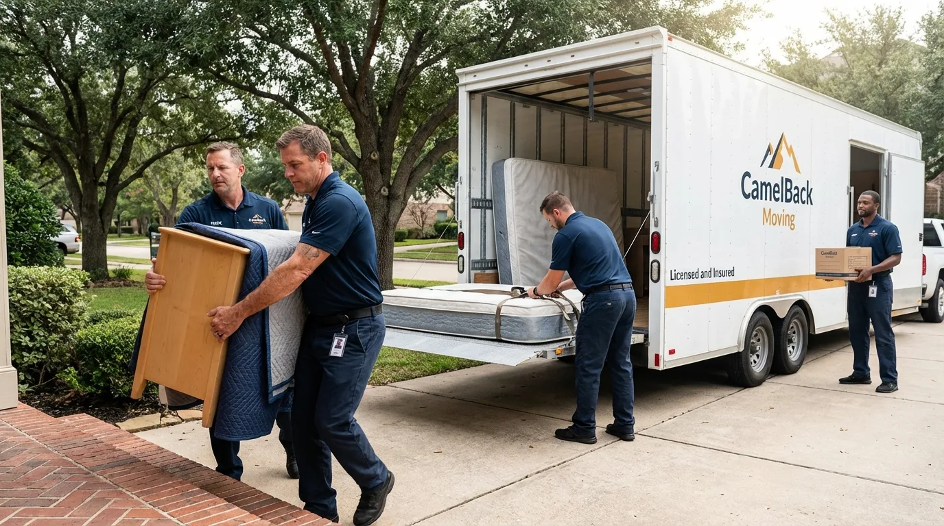 Crew loading residential truck for cross-state move from Orosi, CA