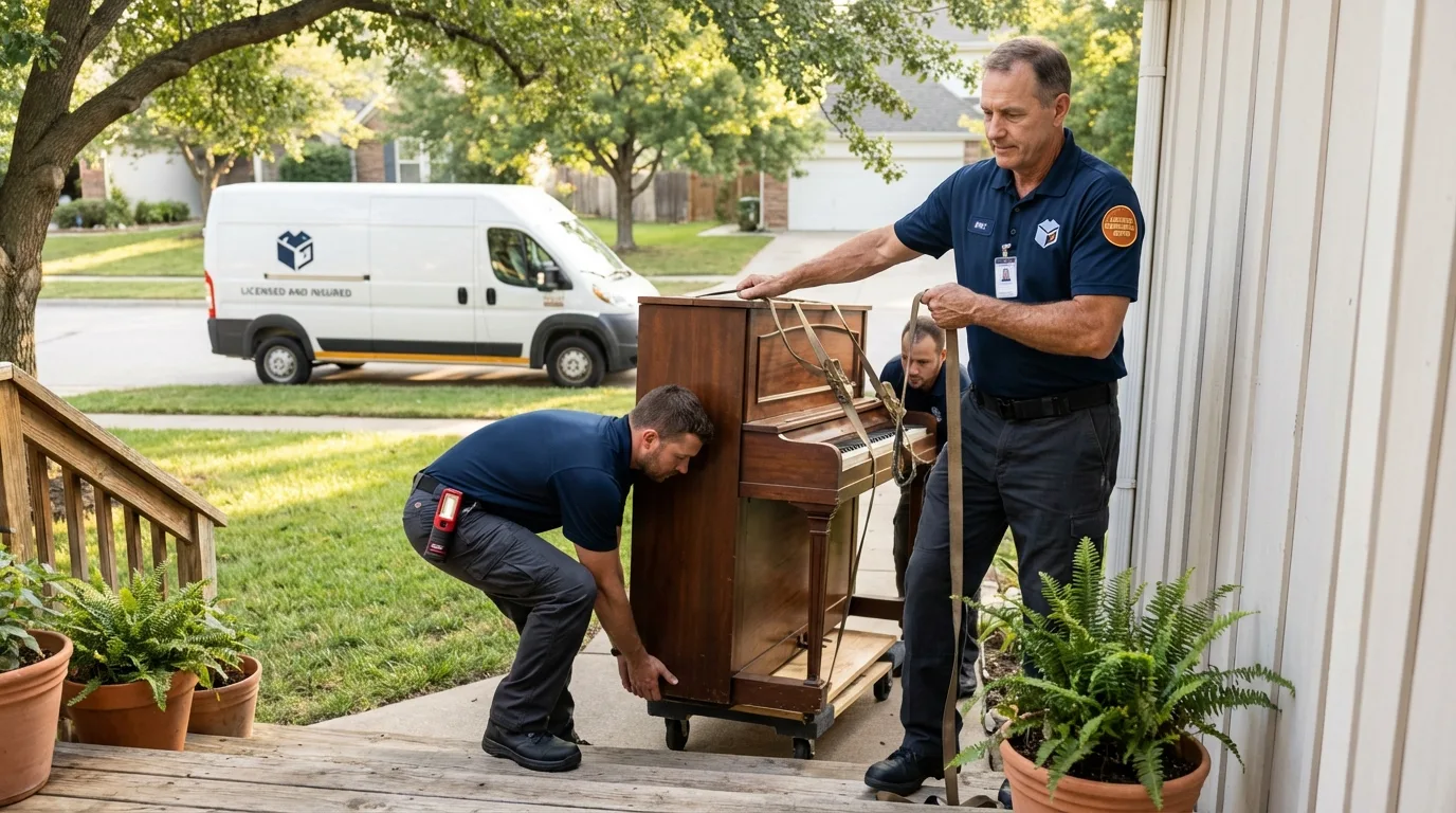 Licensed piano movers securing grand piano in Orosi, CA