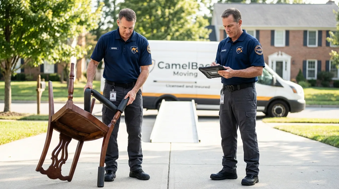 Movers inspecting furniture for damage prevention before loading in Orosi, CA
