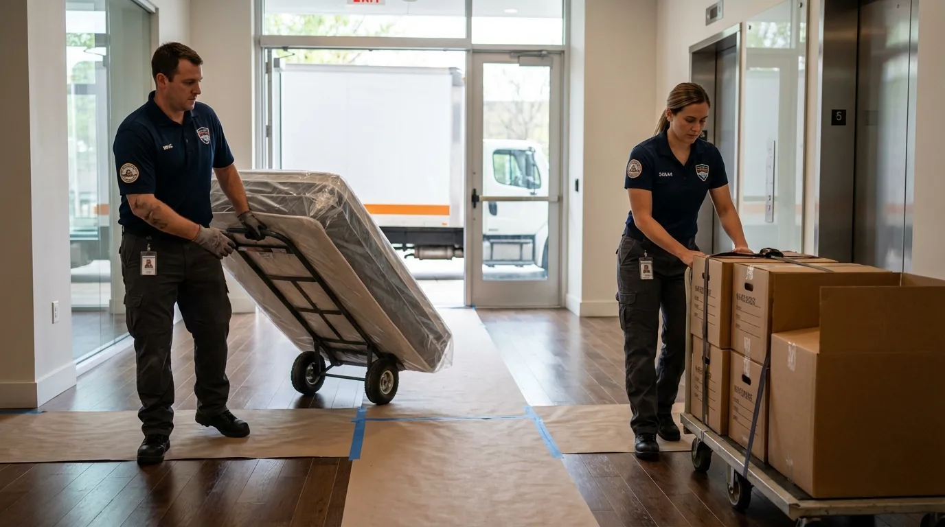 Professional apartment movers loading elevator in Orosi, CA