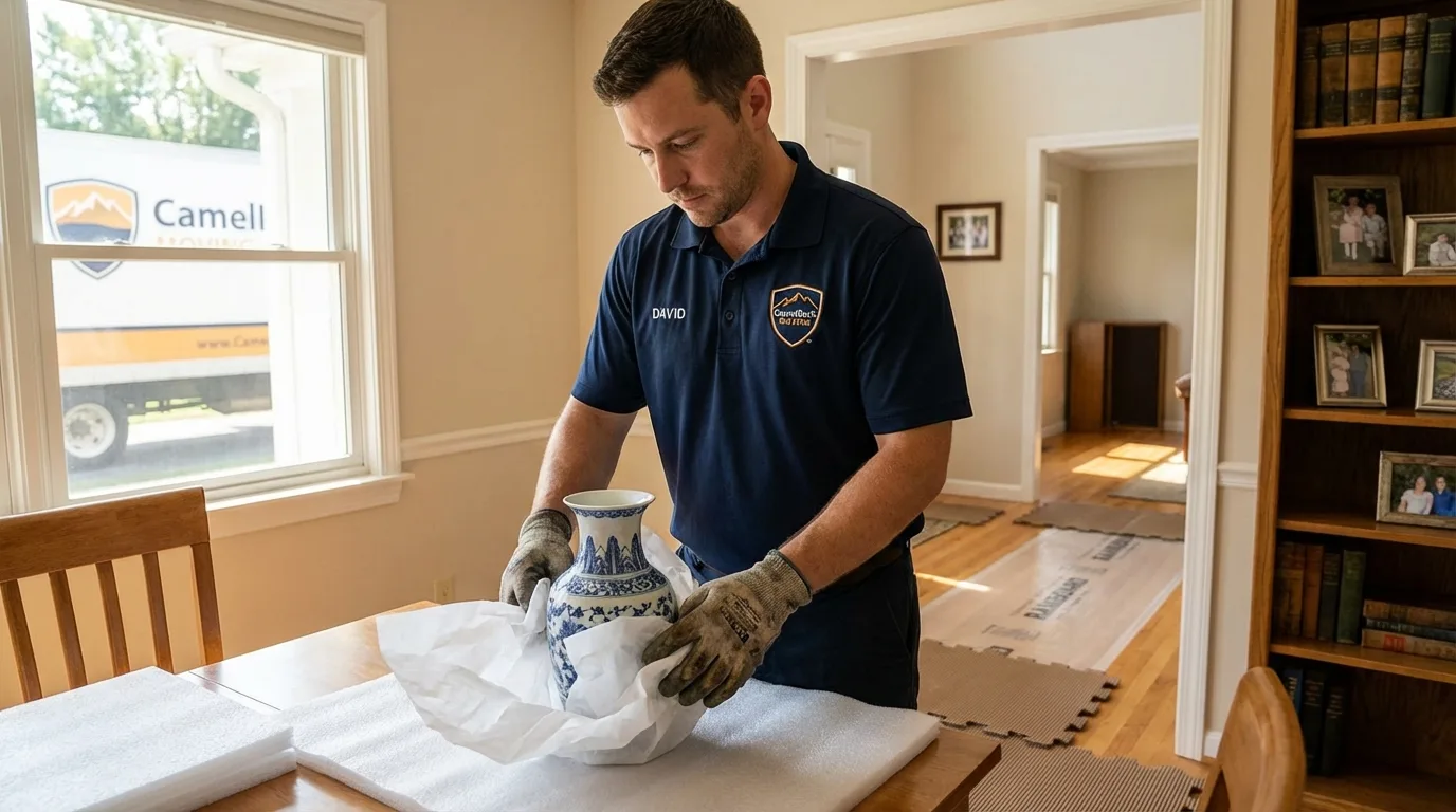 Professional crew carefully wrapping antique vase for senior downsizing move in Orosi, CA